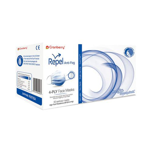 Cranberry R2970SA Repel 4-Ply Premium Anti-Fog Earloop Face Masks Sapphire 50/Box Cranberry R2970SA Repel 4-Ply Premium Anti-Fog Earloop Face Masks Sapphire 50/Box